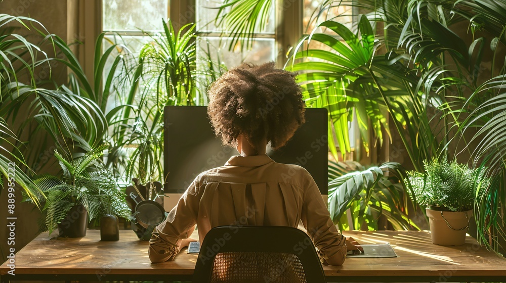 Person works at desk surrounded by lush green plants. Person works at desk surrounded by lush green plants.