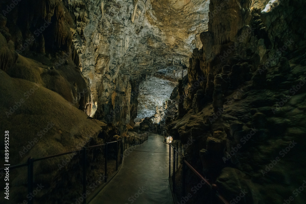 Obraz premium Landscape View Of The Beautiful And Amazing Stalactites On The Trails Of Postojna Cave Park, Postojna , Slovenia