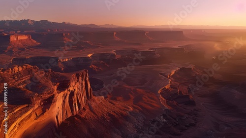 Present an aerial panorama of a canyon during a clear night, with the landscape softly illuminated by moonlight