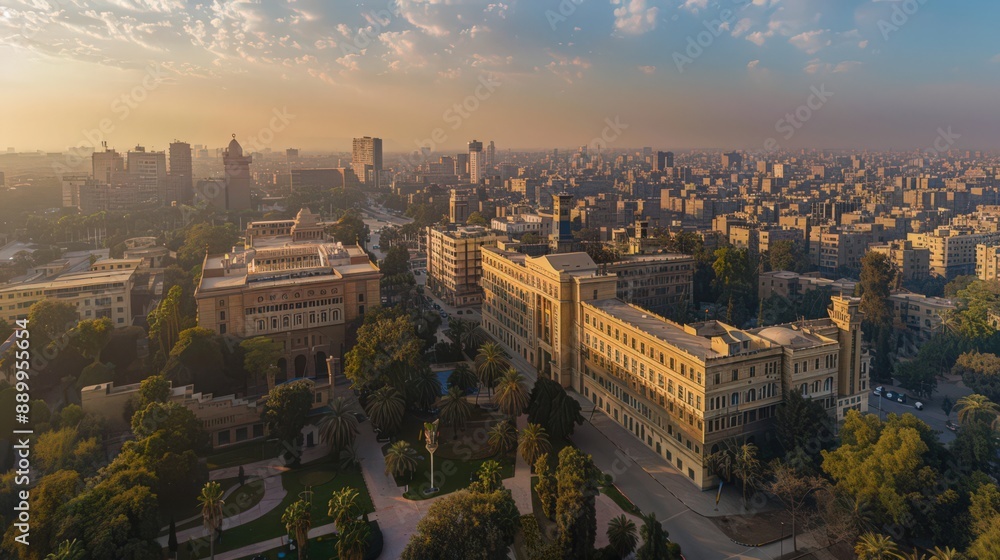 Naklejka premium Present an aerial panorama of Cairo University and its campus, a center of education and research in Egypt's capital city.