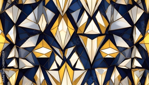 A vibrant geometric pattern of blue, white, and gold triangular shapes, resembling a mosaic or stained glass window.