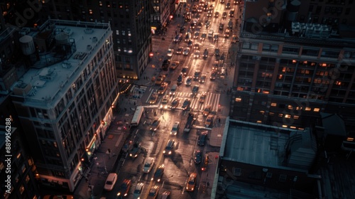 Present an aerial view of a busy street at twilight, with the city lights starting to illuminate the urban landscape.