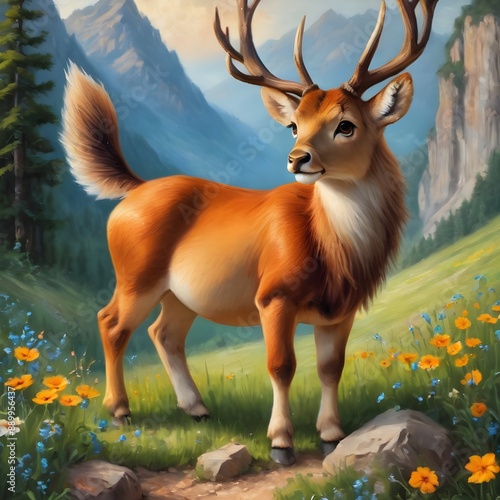 Generative AI. Majestic deer admiring the breathtaking mountains