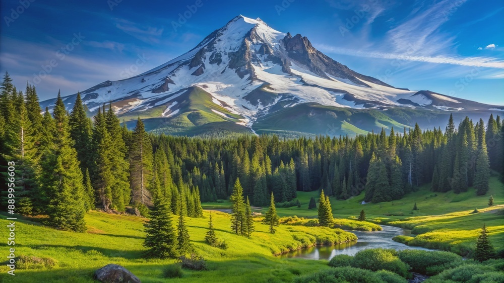 Obraz premium Majestic snow-capped Mt. Hood rises above serene alpine meadows, surrounded by lush green forests and rugged rocky outcroppings.