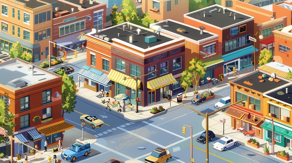 Naklejka premium Present an aerial view of a multicultural neighborhood, with diverse shops and restaurants bustling along the busy street.