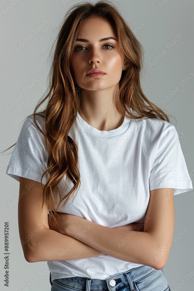 White tshirt mockup on woman model created with Generative AI White tshirt mockup on woman model created with Generative AI