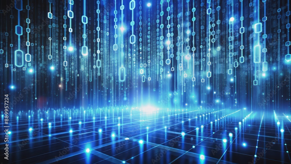 Abstract swirling vortex of binary code zeros and ones in blue and white hues representing modern digital data security. Abstract swirling vortex of binary code zeros and ones in blue and white hues representing modern digital data security.
