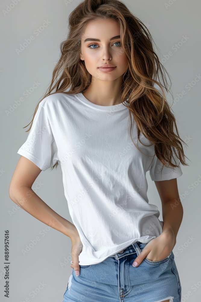 White tshirt mockup on woman model created with Generative AI White tshirt mockup on woman model created with Generative AI
