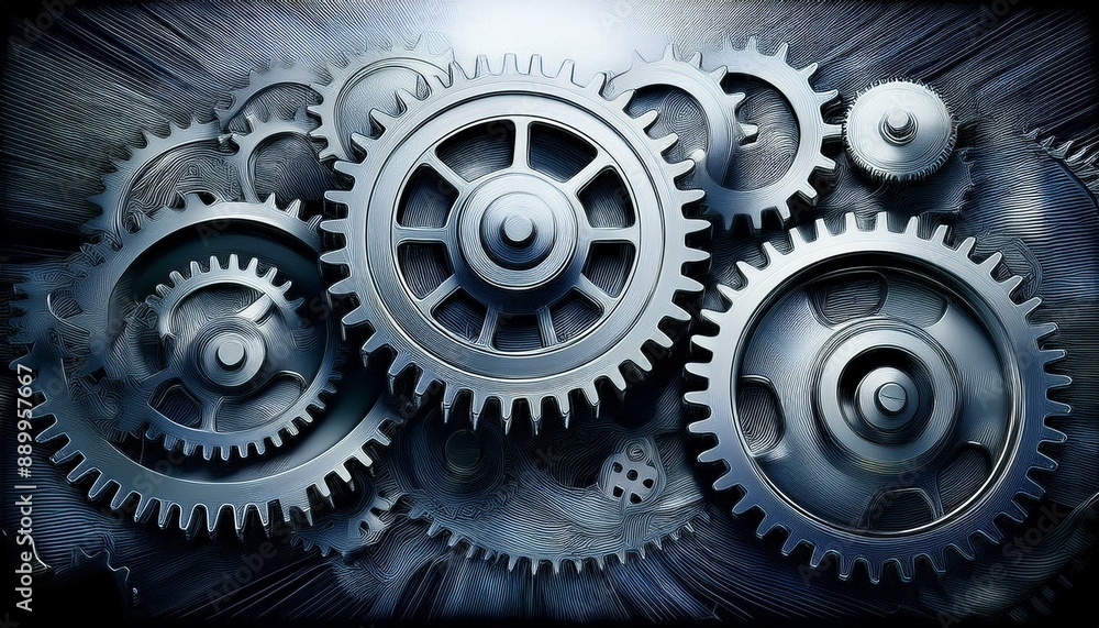 Simple lineart of multiple gears in motion, each cog detailed with precise teeth, with an un Simple lineart of multiple gears in motion, each cog detailed with precise teeth, with an un