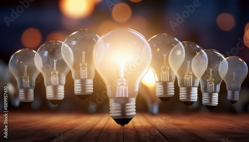 Multiple light bulbs hovering around a central bulb, each emitting a gentle glow, representi  photo