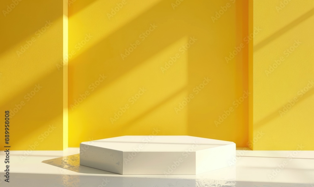Minimalist Hexagon Podium with Yellow Background Minimalist Hexagon Podium with Yellow Background