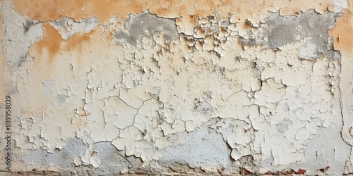 Highly weathered wall with peeling paint, cracked stucco, missing patches, and paint blisters, Generative AI