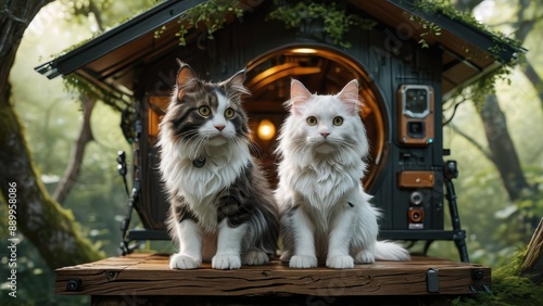 Two Cats Sitting on a Wooden Platform in a Forest.