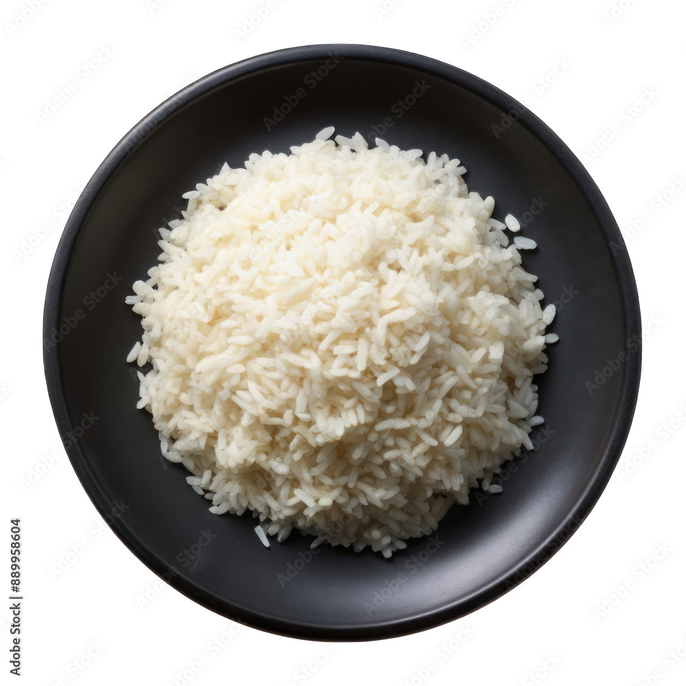 A top view boiled rice on black plate isolated on transparent background A top view boiled rice on black plate isolated on transparent background