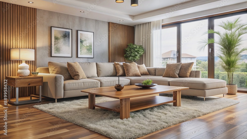 Luxurious calm ambiance in modern spacious living room with plush couch, low wooden coffee table, and soft cream area rug. Luxurious calm ambiance in modern spacious living room with plush couch, low wooden coffee table, and soft cream area rug.