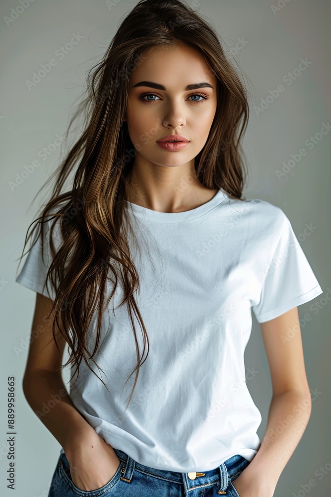 White tshirt mockup on woman model created with Generative AI White tshirt mockup on woman model created with Generative AI
