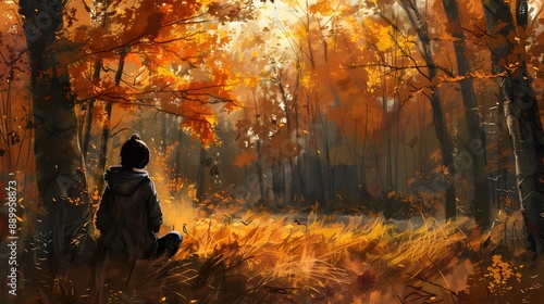 Young woman during break in autumn forest. 