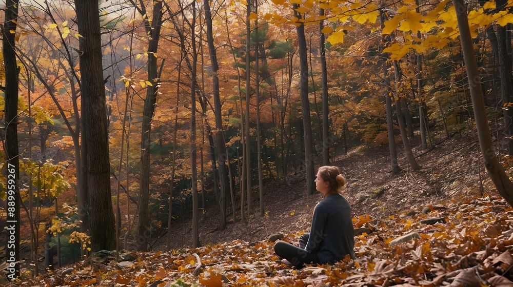 Fototapeta premium Young woman during break in autumn forest. 