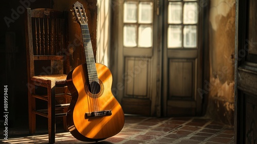 Classical guitar resting against a wooden chair, strings reflecting ambient light