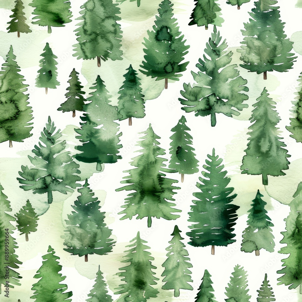 Fototapeta premium Watercolor green Christmas trees seamless repeating pattern, minimal pattern, high contrasty 