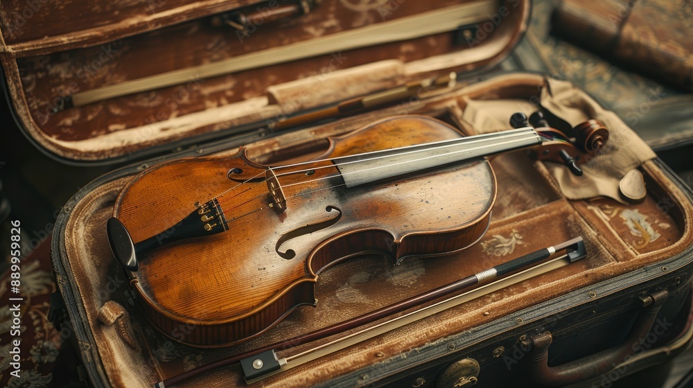 Violin resting on a silk-lined case, with delicate bow placed beside it Violin resting on a silk-lined case, with delicate bow placed beside it