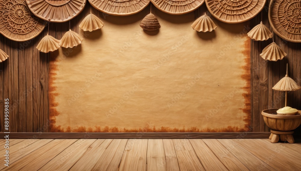Rustic Wooden Background with Parchment Paper and Decorative Elements. Rustic Wooden Background with Parchment Paper and Decorative Elements.