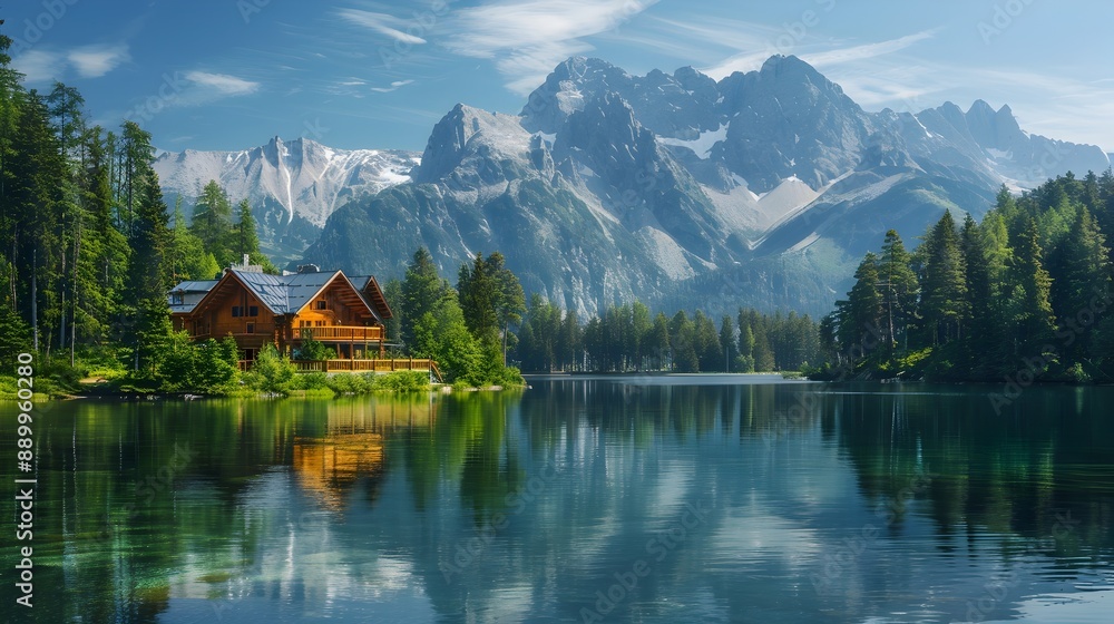 Obraz premium Tranquil Mountain Retreat by Pristine Lake Surrounded by Lush Forests and Rugged Peaks