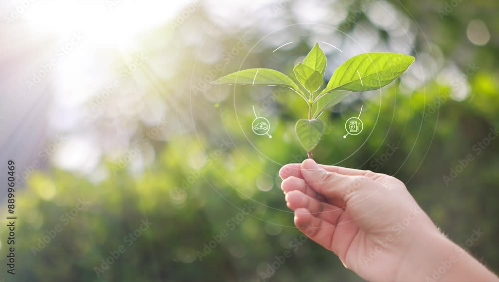 Woman hand hold plant with CO2 and energy icon slowly show up from sun, tides, and wind rotating around. Reduce carbon emissions to limit global warming and climate change. Ecology concept. 4k VDO. Woman hand hold plant with CO2 and energy icon slowly show up from sun, tides, and wind rotating around. Reduce carbon emissions to limit global warming and climate change. Ecology concept. 4k VDO.