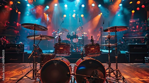 Drum kit set up on stage, ready for a rock band's explosive performance