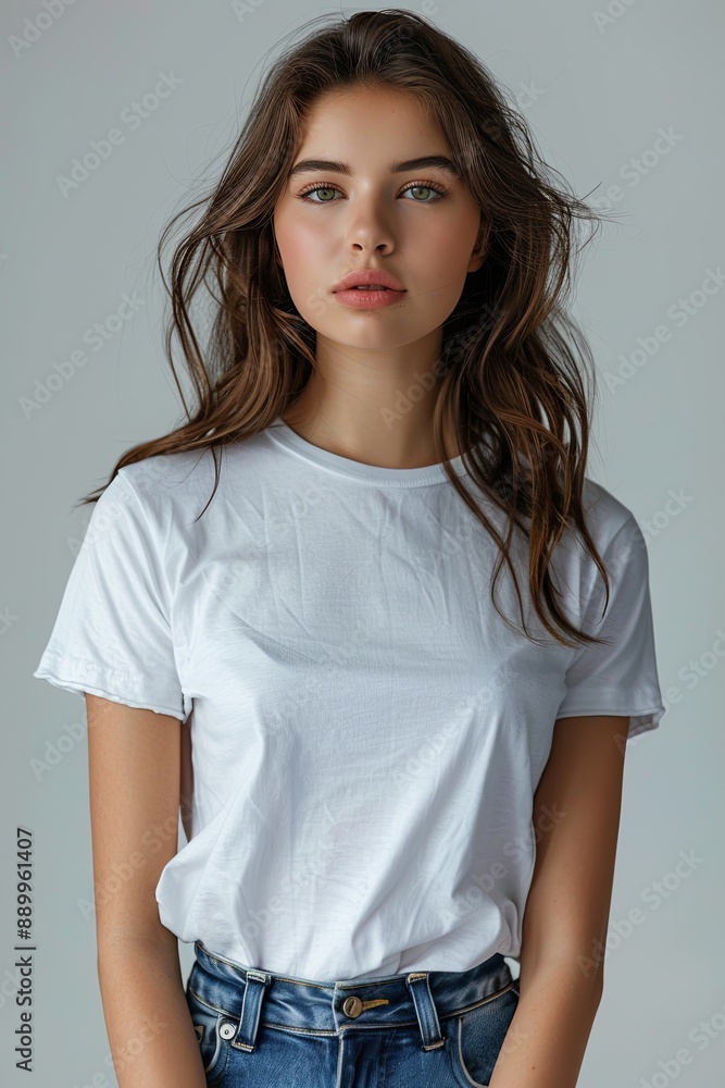 White tshirt mockup on woman model created with Generative AI White tshirt mockup on woman model created with Generative AI