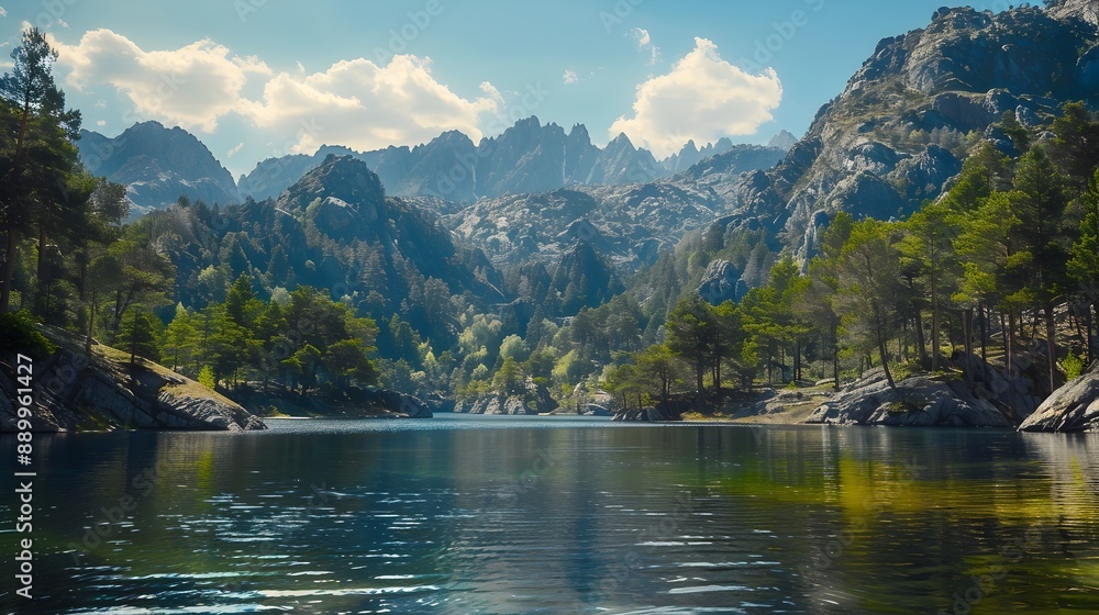 Fototapeta premium Stunning Mountainous Lake Surrounded by Lush Forested Landscape and Dramatic Peaks