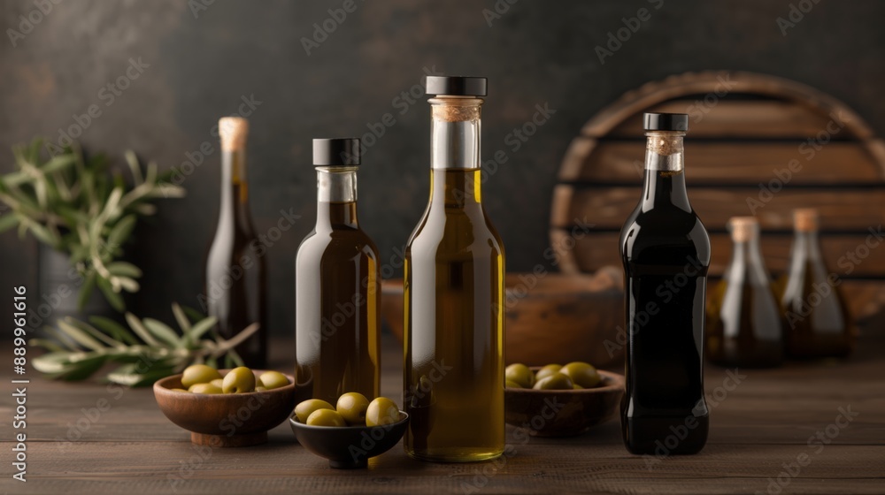 Olive oil bottles of various sizes arranged on a rustic wooden table with green olives Olive oil bottles of various sizes arranged on a rustic wooden table with green olives