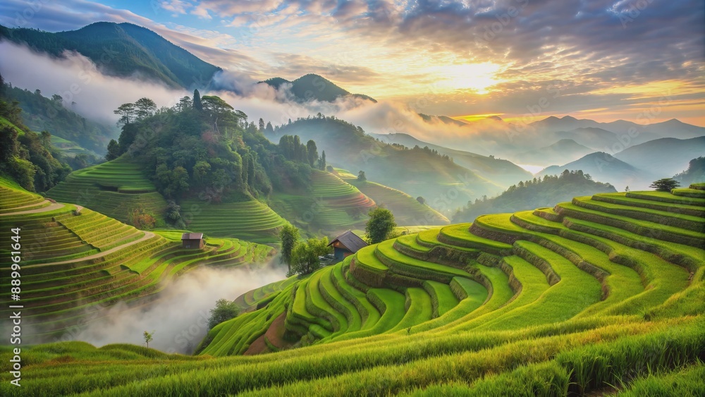 Obraz premium Serene majestic rice terraces cascade down lush green mountainsides under misty morning light in rural China's picturesque countryside landscape.