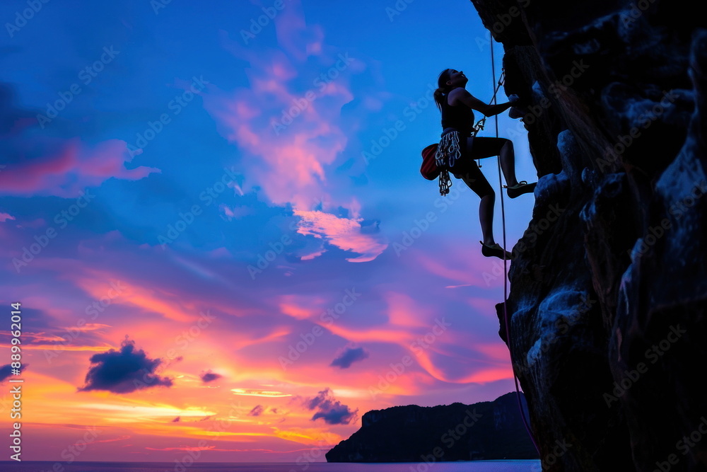 Silhouette professional woman rock climber climbing mountain, beach background Silhouette professional woman rock climber climbing mountain, beach background