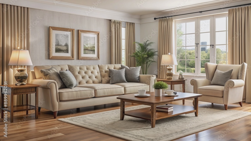Fototapeta premium Neutral beige plush three-seater sofa paired with a single accent chair and wooden coffee table in a cozy living room.