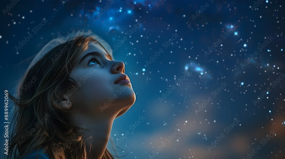 Girl at the Starry Night Sky Filled with Awe and Wonder Girl at the Starry Night Sky Filled with Awe and Wonder