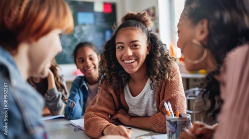A teacher guiding students through a group activity, fostering collaboration in an engaging classroom