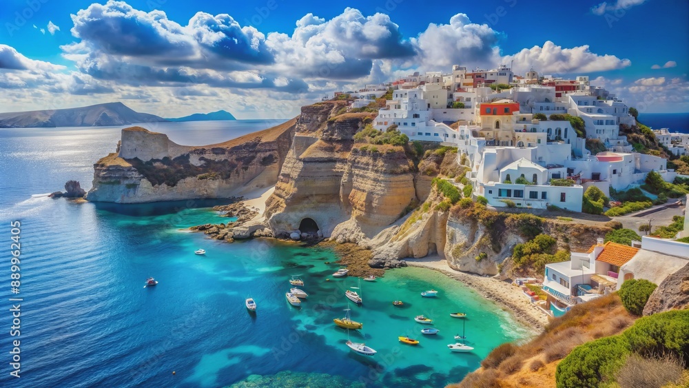 Fototapeta premium Vibrant turquoise waters lap against ancient limestone cliffs amidst serene whitewashed villages in a breathtaking Greek island panorama.
