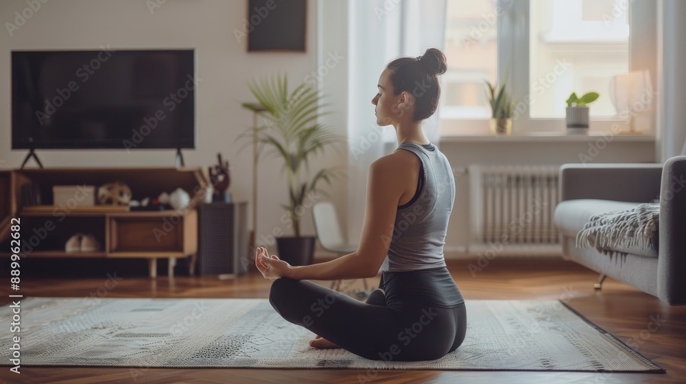 A woman doing a guided stretching routine in a quiet living room, enhancing flexibility and relaxation A woman doing a guided stretching routine in a quiet living room, enhancing flexibility and relaxation