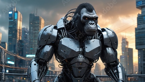 Cyborg Gorilla in a Futuristic City. © BOJOShop