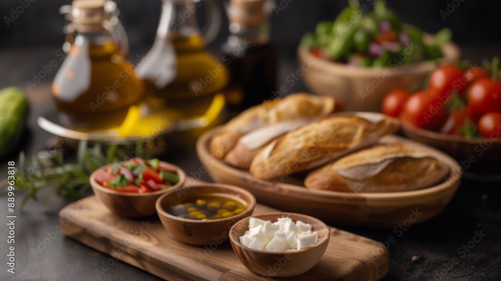Wooden bowls with fresh bread, vegetables, and olive oil on a rustic table Wooden bowls with fresh bread, vegetables, and olive oil on a rustic table