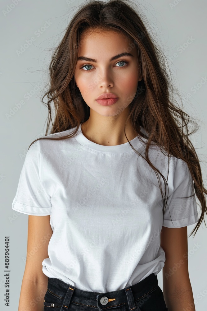 White tshirt mockup on woman model created with Generative AI White tshirt mockup on woman model created with Generative AI