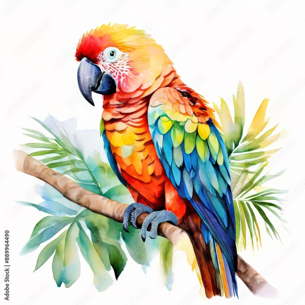 Fototapeta premium Colorful Parrot on Branch Watercolor Painting.