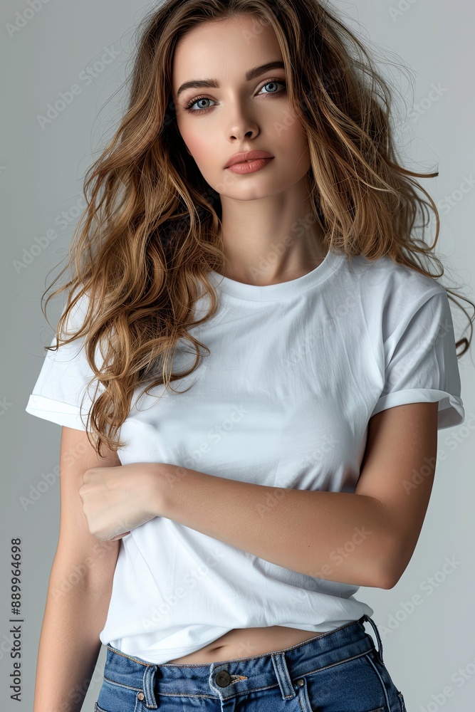 Fototapeta premium White tshirt mockup on woman model created with Generative AI
