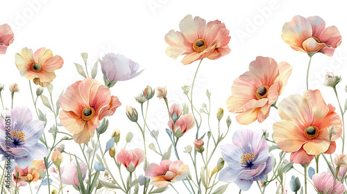 Fototapeta Naklejka Na Ścianę i Meble -  Delicate pastel watercolor flowers, seamless border on white background