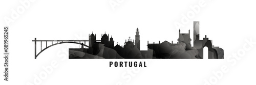Portugal country skyline, cities panorama. Vector banner or long logo with abstract texture. Lisbon, Porto, Coimbra, Braga silhouette, isolated graphic