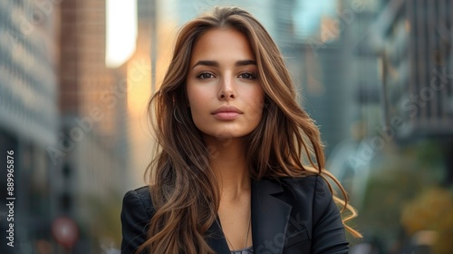 Free Download Portrait of a confident businesswoman in a power suit, standing tall against a backdrop of city skyscrapers - GFXLoad