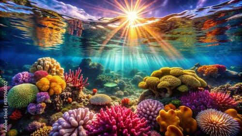 Fototapeta Naklejka Na Ścianę i Meble -  Close-up view of a vibrant coral reef just below the waterâ€™s surface, sunlight piercing through, illuminating the rich colors and textures of the corals and marine life.
