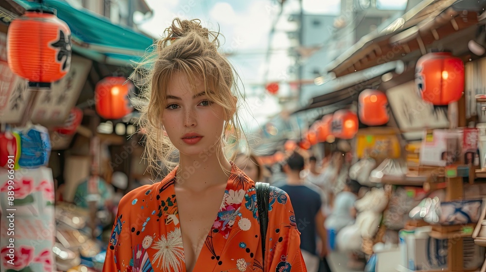 Candid street style photo of a trendy woman in a vibrant kimono, walking through a bustling Asian market Candid street style photo of a trendy woman in a vibrant kimono, walking through a bustling Asian market