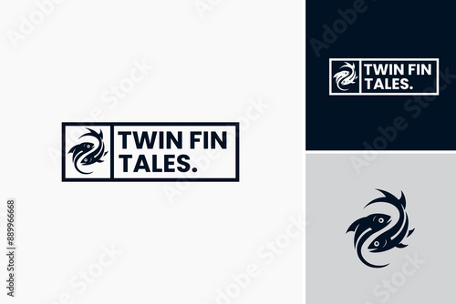 Twin Fin Tales Logo - A dynamic and imaginative logo symbolizing storytelling and creativity, ideal for publishing houses. Layered EPS Vector